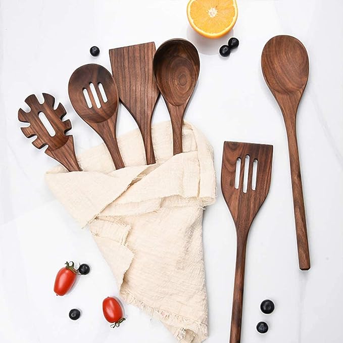 6 PCS Wooden Kitchen Utensils Set, Black Walnut Wood Long Handle Spoons and Spatula Set for Cooking, Heat Resistant Non-Stick Cookware