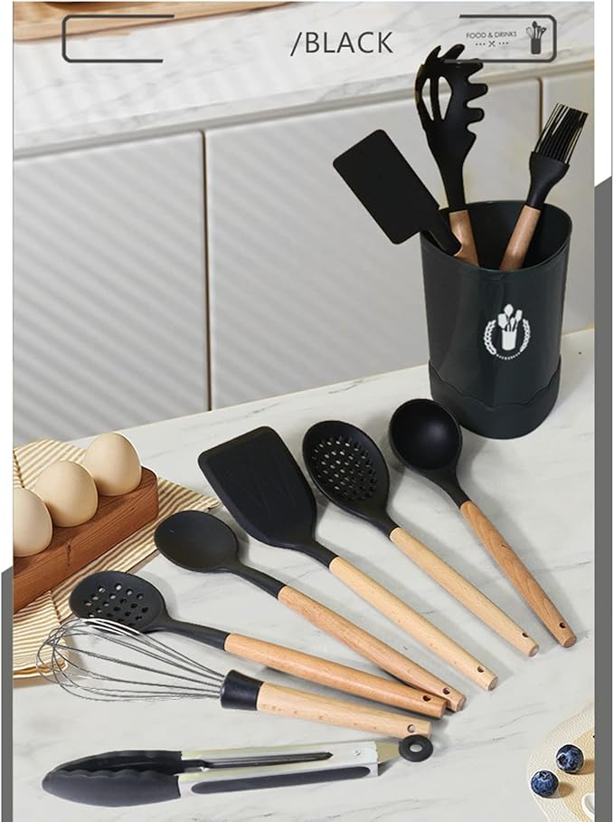 Black Silicone Kitchen Cooking Utensils Set, Heat Resistant Silicone Kitchen Gadgets Utensils Set with Wooden Handle,Silicone Spoons Spatula Whisk with Holder for Nonstick Cookware