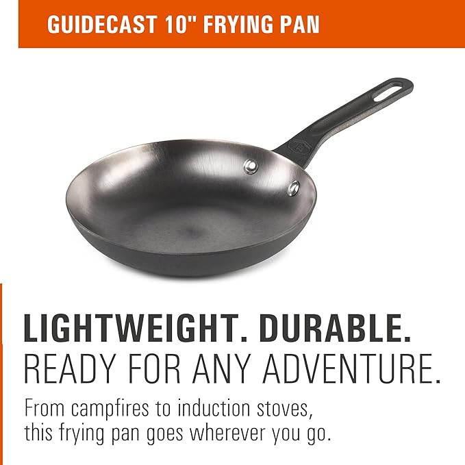 GSI Outdoors Guidecast Cast-Iron Frying Pan, Lightweight Pans for Campfire & Induction Cooking (10″ Pan)