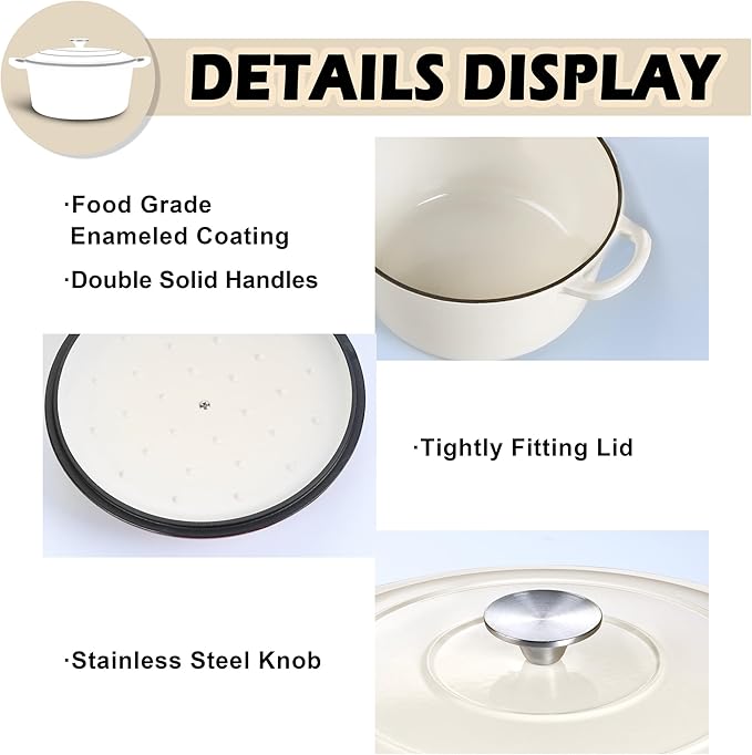 TeamFar 3qt Dutch Oven, Small Enameled Cast Iron Dutch Oven Pot with Lid, For Bread Baking/Stewing/Braising/Frying, Various Stoves & Oven Safe, Non-stick & Easy Clean, White