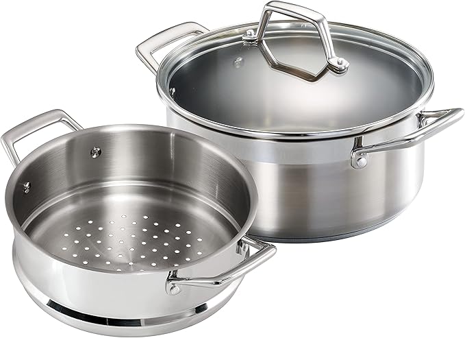 Tramontina Gourmet 5-Quart Steamer Set, Tri-Ply Base Stainless Steel Dutch Oven with Steamer Insert and Glass Lid, Induction-Ready