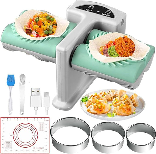 Electric Dumpling Maker Two Sizes Double Head Automatic Electric Dumpling Maker Machine Mould Household Quick Rechargeable Dumpling Maker Kit with Silicone Baking Mat,Dough Cutters,Spoon Brush