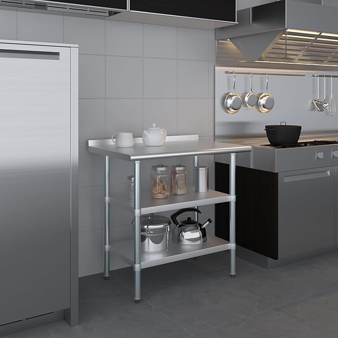 AmGood Stainless Steel Work Table with 1.5" Backsplash and 2 Shelves | Metal Kitchen Food Prep Table | NSF (36" Long x 24" Deep)