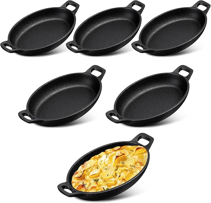 Mifoci 6 Pack Mini Cast Iron Fajita Skillet, 7.1" x 4.7" Oval Sizzling Steak Plate Pan Small Ramekin Set Black Casserole Dish for Stove Oven Grill Restaurant Kitchen Indoor Outdoor Picnic