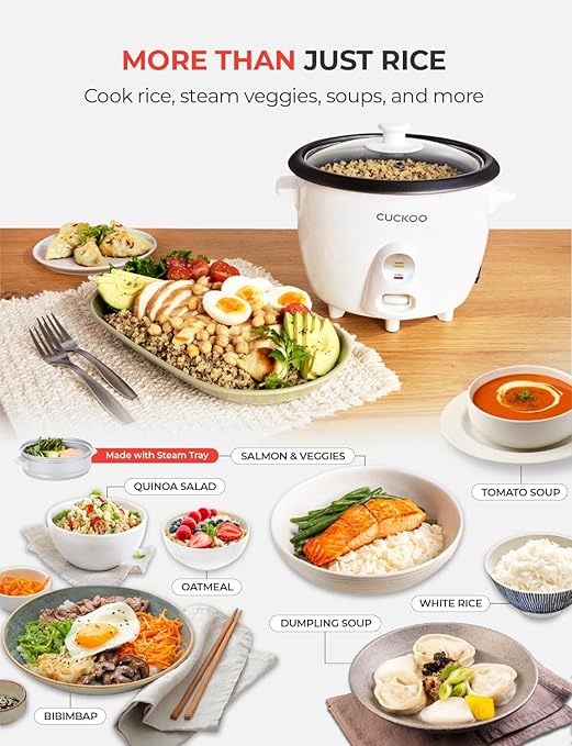CUCKOO One Touch Rice Cooker 12-Cup Cooked, Small Rice Cooker & Warmer with Steamer Tray, Versatile Grain Cooker, Soup Maker, Auto Keep Warm, 6-Cup Uncooked, White (CR-0601C)