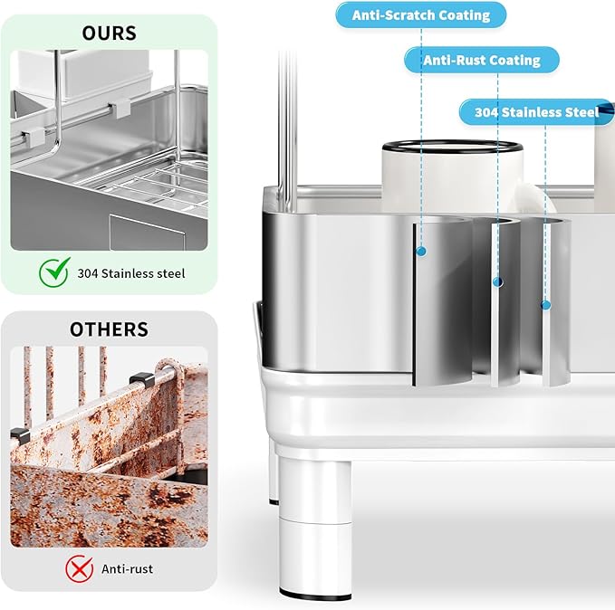 Ewaiira Large Dish Drying Rack, 304 Stainless Steel Dish Racks for Kitchen Counter, Automatic Drainage Spout, Rustproof Kitchen Dish Drainers with Drainboard, Utensil Holder & Glass Holder, White