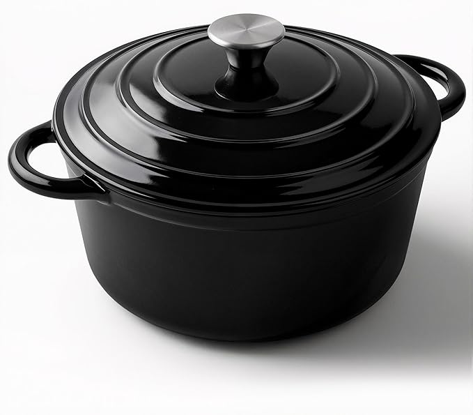 Miereirl 6 Quart Enameled Dutch Oven Pot with Lid, Cast Iron Dutch Oven with Dual Handles for Bread Baking, Cooking, Non-stick Enamel Coated Cookware (Black)