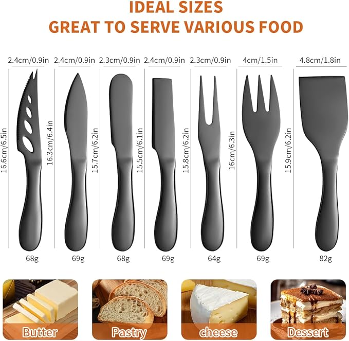 Black Butter Knives Set 7 Pieces Stainless Steel Kitchenware Utensils Gadgets include cheese Knife, Cheese Spreader, Cheese Forks, Cheese Slicer, Cheese Cutter, Butter Knife