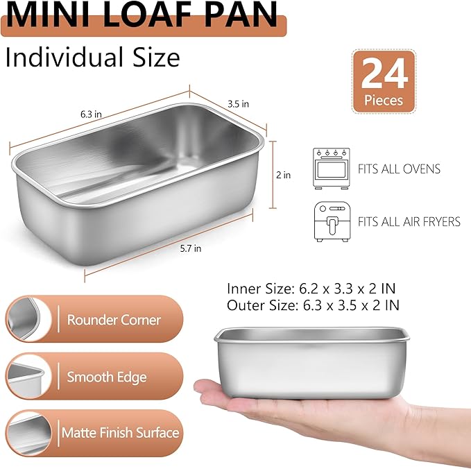 LIANYU 24 Pack 6.3 x 3.5 Inch Mini Loaf Pans for Baking Bread, Stainless Steel Small Bread Loaf Pan Mold for Homemade Meatloaf, Metal Tin Loaf Pan Perfect for Banana Sourdough, Dishwasher Safe