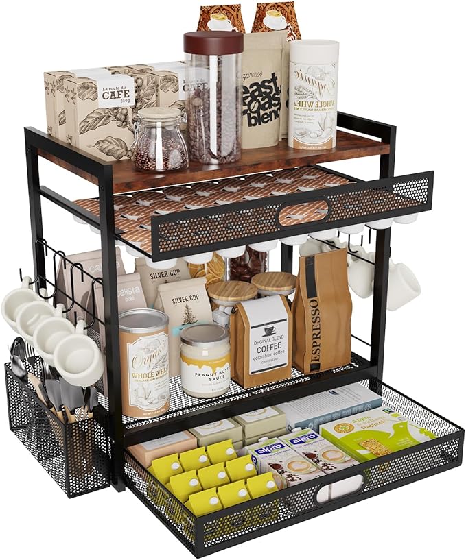 Coffee Bar Organizer Station with CoffeePod Drawer Mug Cup Holder and Tea Condiment Storage for Countertop Organizer CoffeeBar Accessories for Kitchen,Home,Office