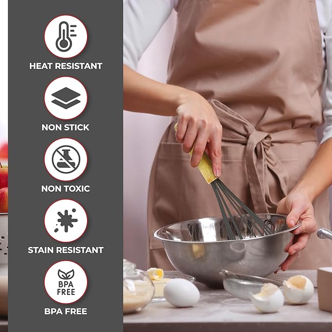 Kaluns 50 PCS Silicone Kitchen Utensils Set Complete Kitchen Set - 800°F Heat Resistant Non-Stick Premium Cooking Utensils W Wooden Handles - Can Opener, Masher, Turner, Silicone Spatula Set
