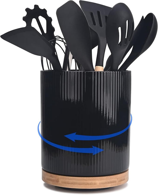 360° Rotating Kitchen Utensil Holder for Countertop, Large Ceramic Utensil Crock Organizer with Non-Scratch Cork Base, Farmhouse Black Cookware Storage Jar, Ideal Housewarming Gift & Christmas Gift