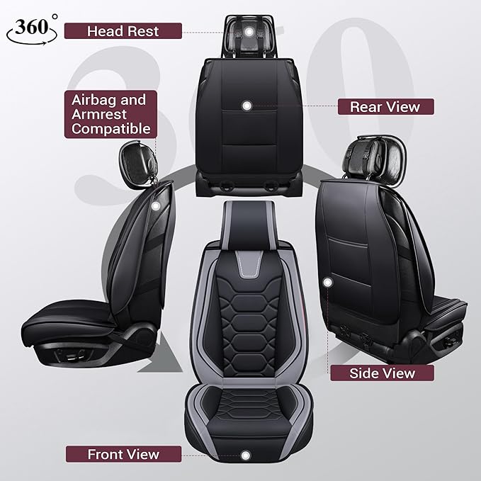 OASIS AUTO Car Seat Covers Front Seats, Sporty Honeycomb Waterproof Faux Leather Protectors, Universal Fit for SUV, Sedan, Truck Interior Accessories (OS-004 Black&Gray)