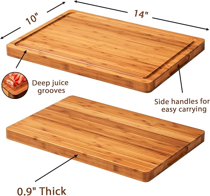 Bamboo Cutting Boards for Kitchen, Extra Thick Wood Butcher Block, Heavy Duty Wooden Chopping Block, Charcuterie Boards & Cheese Platter, 14"x10"x0.9"