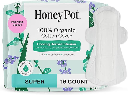 The Honey Pot Company - Herbal Pads for Women - Super w/Wings - Infused w/Essential Oils for Cooling Effect, Organic Cotton Cover, & Ultra-Absorbent Pulp Core - Feminine Care - 16 ct