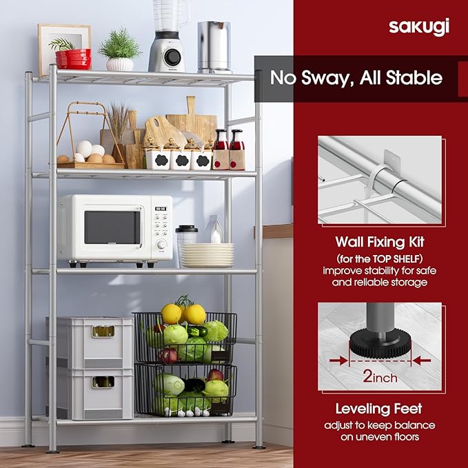 Storage Shelves - 4 Tier Shelf Organizer, Heavy Duty Garage Shelving Unit with Leveling Feet, Stable Metal Shelves Organizer for Pantry, Kitchen and Closet, 33.0" W x 12.6" D x 57.2" H, Silver