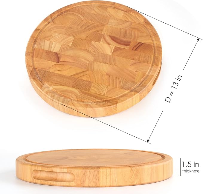 Extra Large & Thick Wood Cutting Board 13 x 13 x1.5 Inch, End Grain Built-In Compartment and Juice Canal, Heavy Duty Chopping Board, Thick Carving Board for Bread Fruits (Round: 13 x 13 x 1.5 inch)
