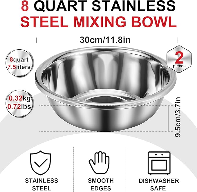 2 Pack Large Mixing Bowl 8 Qt Oversized All Purpose 304 Stainless Steel Polished Mirror Flat Base Metal Bowl for Home or Commercial Prepping Baking Mixing Marinating