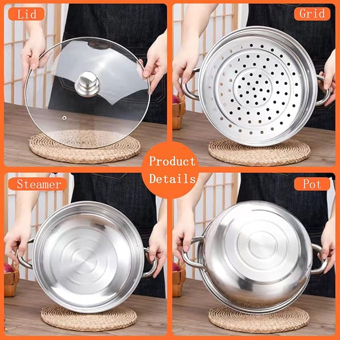 Steamer for Cooking, 3.0 Quarts Stainless Steel Steamer Pot, 2-Tier Food Steam Pots with Lid for Cooking Vegetables, Seafood, Soups, Stews and Pasta, 8.5 x 7.3 inch