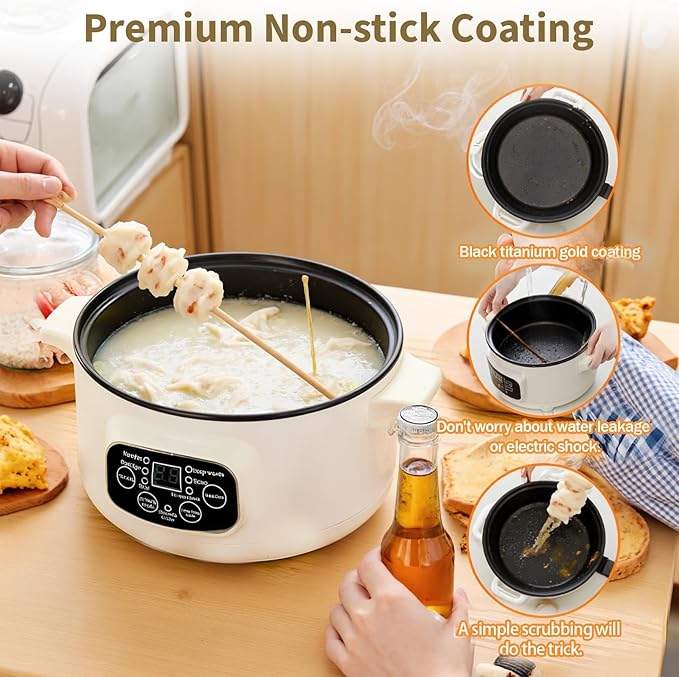 SOONHUA 3.2L Non-Stick Electric Hot Pot with Steamer, Multifunctional Electric Cooker with 9.5H Delay Timer & 6 Presets, Electric Cooking Pot for Soup, Rice, Noodles, Home & Dorm Use