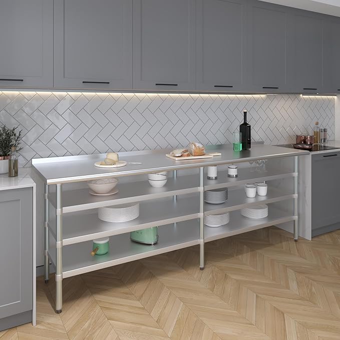 AmGood Stainless Steel Work Table with 1.5" Backsplash and 3 Shelves | Metal Kitchen Food Prep Table | NSF (96" Long x 24" Deep)