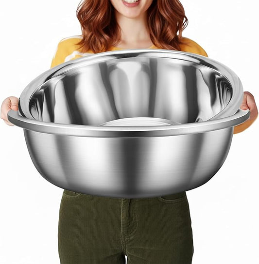 2 Pack 16 Qt 304 Stainless Steel Extra Large Mixing Bowls with Flat Base Polished Mirror Finish Metal Bowls for Home or Commercial Baking Mixing Marinating and Food Preparation