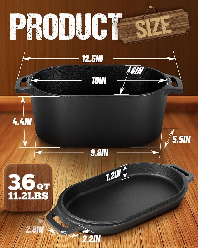 Oval Dutch Oven for Bread Baking, 3.6qt, Black, Up To 1000 ℉ Cast Iron Loaf Dutch Oven With Lid For Homemade Bread, Sourdough Bread Pan