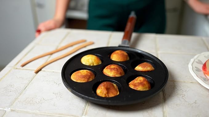 StarBlue 7-Hole Cast Iron Aebleskiver Pan Detachable Wooden Handle, Pre-Seasoned, Aebleskiver Sticks and Recipe Book Included
