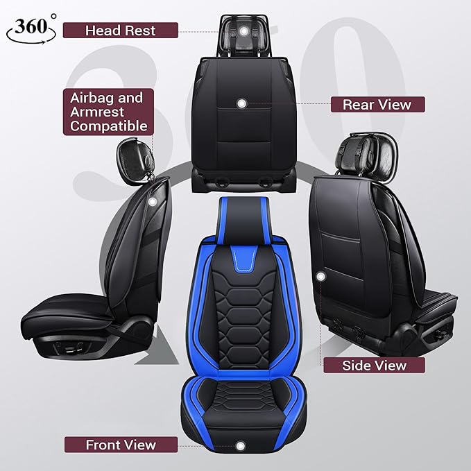 OASIS AUTO Car Seat Covers Front Seats, Sporty Honeycomb Waterproof Faux Leather Protectors, Universal Fit for SUV, Sedan, Truck Interior Accessories (OS-004 Black&Blue)