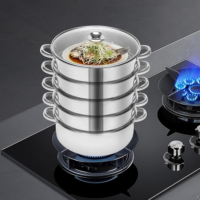 5-Layer Stainless Steel Steamer, 26CM Commercial Food-Grade Steamer Cookware Steaming Pot Tool w/Glass Lid Foods Steamers for Induction Cookers, Electric Ceramic Stoves, Gas Stoves (Silver, 26CM)