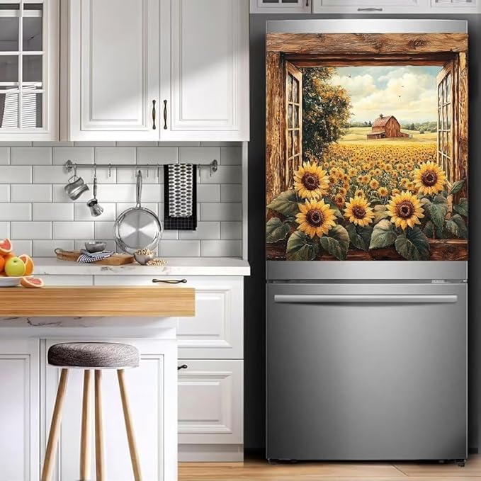 Rustic Barn Window View Dishwasher Magnet Cover,Sunflower Field Refrigerator Magnetic Vinyl Sticker for Dishwasher Door, Vintage Wood Kitchen Appliance Panel Decal, 23Wx26H Inches