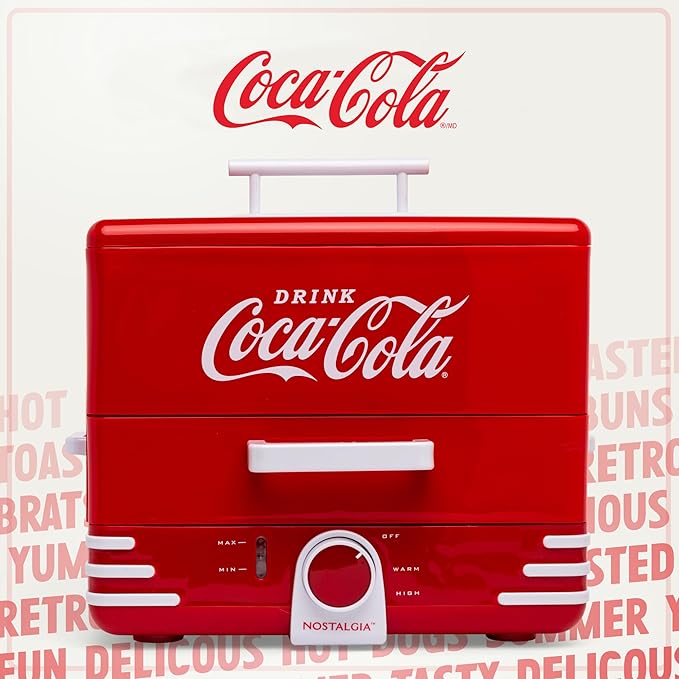 Nostalgia Extra Large Diner-Style Coca-Cola Hot Dog Steamer and Bun Warmer, 24 Hot Dog and 12 Bun Capacity, Steam Bratwursts, Sausages, Vegetables, Fish, Dumplings, Red