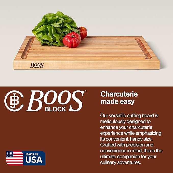 John Boos CB Series Rectangular Wooden Maple Cutting Board 24”x18” – 1.5” Thick, 18-lb Reversible Butcher Block with Juice Groove, Edge-Grain & Finger Grips – Made in the USA