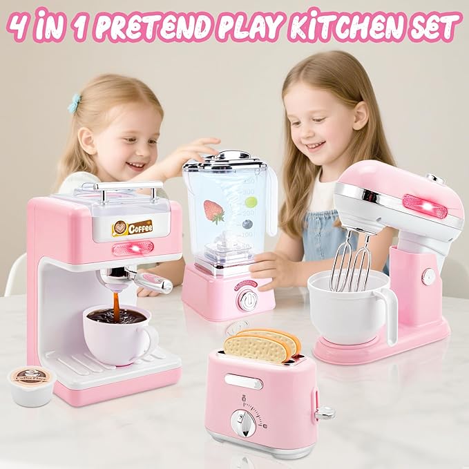 Kids Play Kitchen Accessories Toys Set,Prented Play Kitchen Appliances Playset,Blender,Coffee Maker,Mixer,Toaster with Light & Sound,Kitchen Sets for Kids Age 4-8,Pink Kitchen Toys for Toddler Girls
