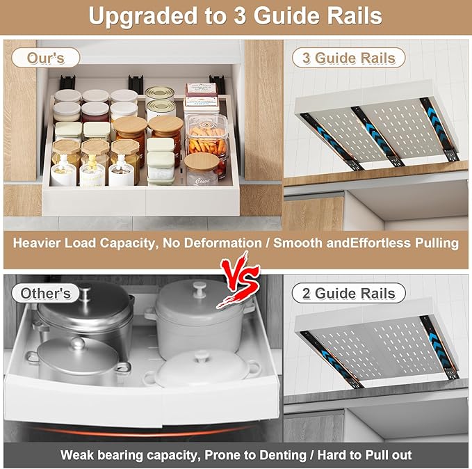 Pull out Cabinet Organizer,Width (11"-16") and Depth (17"-24") Expandable With 3 Rails,No Drill Adjustable Slide out Drawers for Kitchen,Pantry,Adhesive Roll out Shelves,for Cabinets Without Lip,White