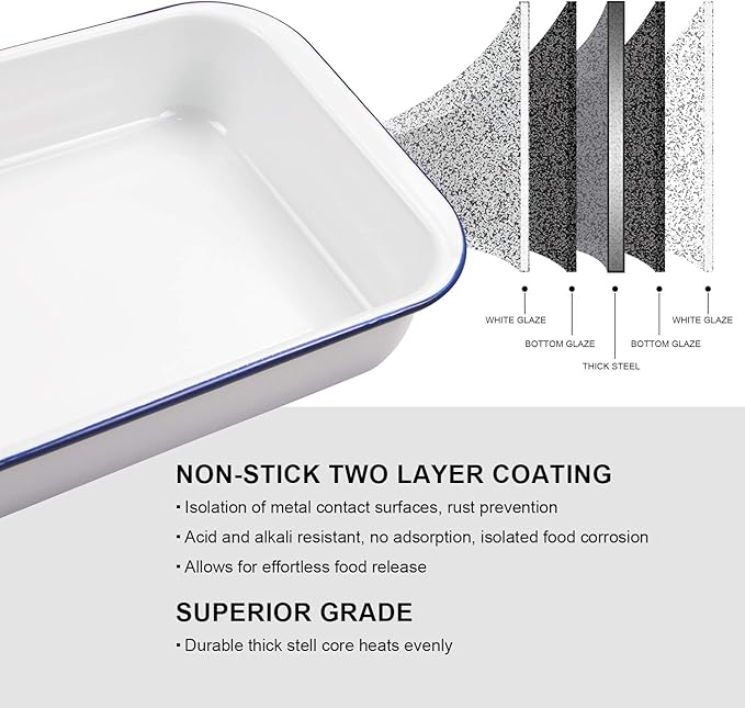 Webake Enamelware 9x13 Baking Pan with Lid Oblong Cake Pan Enameled Steel Roasting Pan Baking Dish Lasagna Pan Food Containers