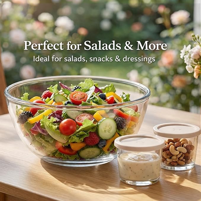 Large Glass Bowl for Sourdough Bread Making with Lid, 5Quart Deep Big Glass Bowl Large Salad Bowl with 8oz Small Bowls(clear)