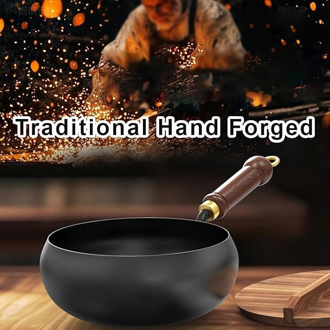 Uncoated Thick Iron Pot, Japanese Iron Pots for Cooking, Uncoating Cast Iron Pot, Hand Forged Iron Pan with Lid Stir Fry Wok Skillet, High Purity Frying Pans for Home Kitchen (Wooden Lid, 10.3in)
