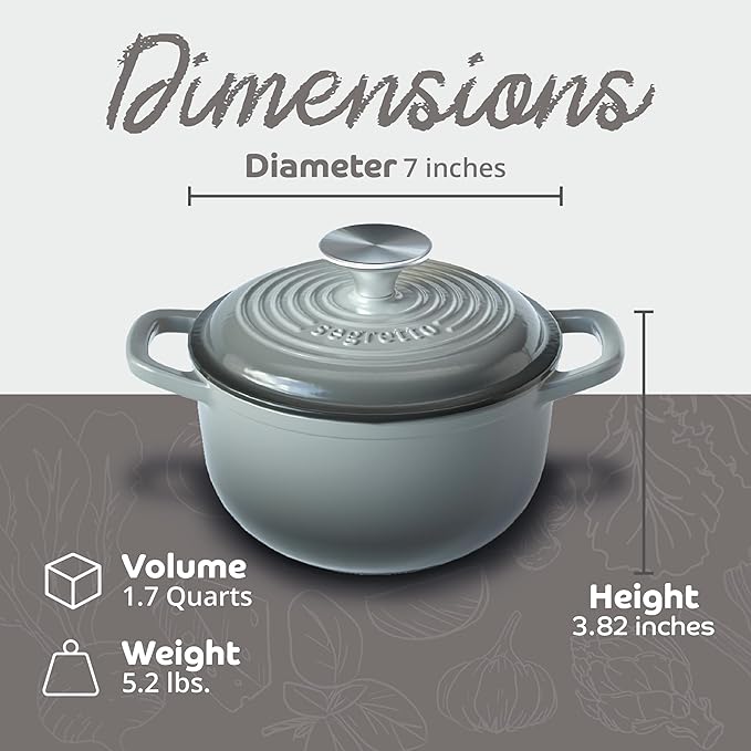 Segretto Cookware Enameled Cast Iron Dutch Oven Pot with Lid Grigio Scuro (Gradient Gray) 1.7 Quarts Dutch Oven Cast Iron with Handle 1.7 qt for Bread Baking