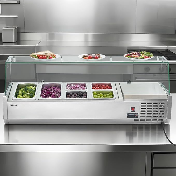 VEVOR Refrigerated Condiment Prep Station, 130 W Countertop Refrigerated Condiment Station, with Two 1/3 Pans & Four 1/6 Pans, 304 Stainless Body and PC Lid, Sandwich Prep Table with Glass Guard