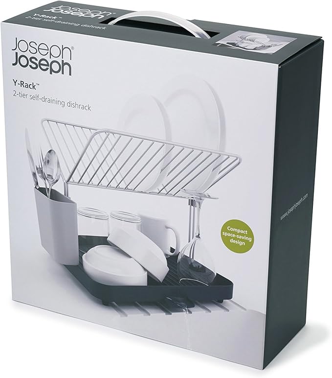 Joseph Joseph Y-Rack Dish Rack and Drain Board Set with Cutlery Organizer Drainer Drying Tray, Large, Gray