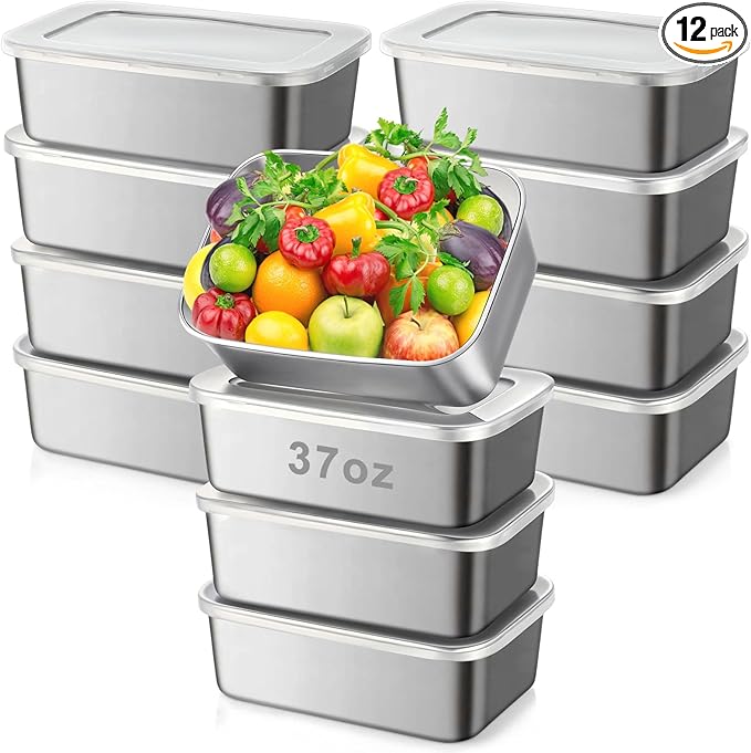 12 Pcs Stainless Steel Food Storage Containers with clear Lids, 37 oz Metal Lunch Bento Box, Lightweight Stackable Easy Open Meal Prep Container for Kitchen Picnic, Freezer & Dishwasher Safe