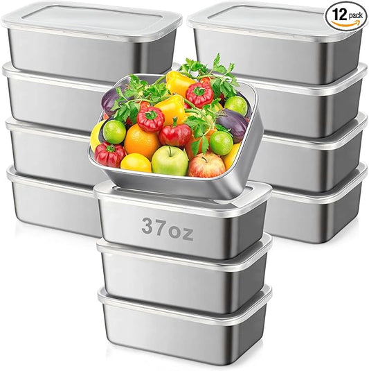 12 Pcs Stainless Steel Food Storage Containers with clear Lids, 37 oz Metal Lunch Bento Box, Lightweight Stackable Easy Open Meal Prep Container for Kitchen Picnic, Freezer & Dishwasher Safe