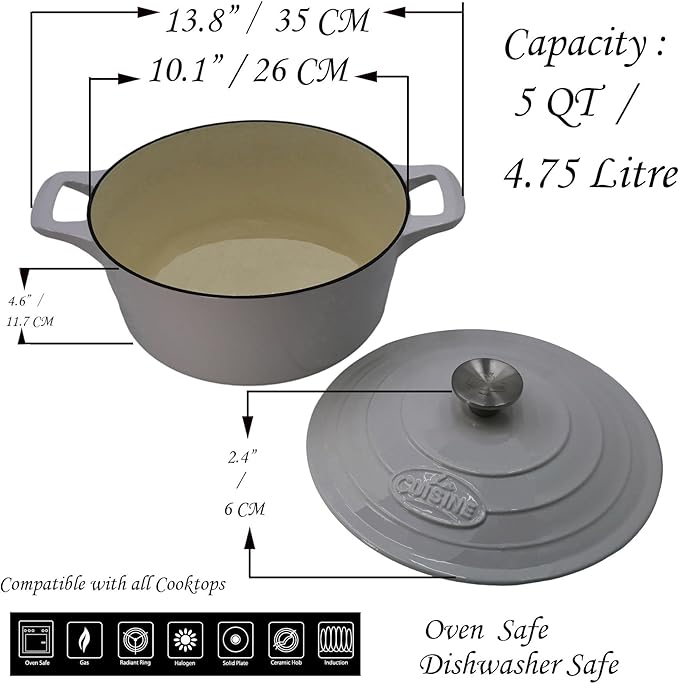 La Cuisine Enameled Cast Iron Dutch Oven Casserole Dish Pot with Lid 5 QT 10.3" /26cm Cream White Enamel Coating Interior, White Enamel Coating Exterior, Oven Safe up to 500° F