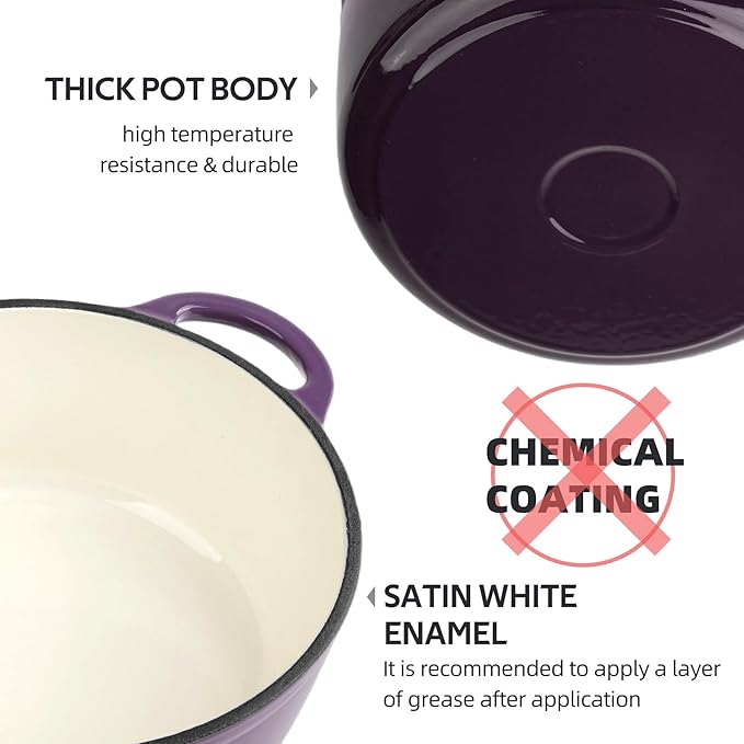 4.5 Quart Dutch Oven Enameled Cast Iron with Lid - Big Dual Handles - Oven Safe up to 500°F - Classic Round Pot for Versatile Cooking Purple
