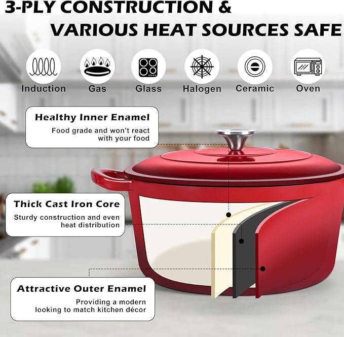 TeamFar Enameled Cast Iron Dutch Oven, 7qt Dutch Oven Pot Nonstick Cookware with Lid & Dual Handles for Bread Baking, Cooking, Oven Safe up to 500℉ & Various Stovetops, Healthy & Heavy Duty - Red