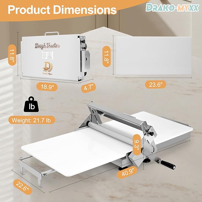 15.5" Folding Dough Sheeter, Includes 35.4" x 15.8" Sheeter Board, Dough Mat (23.6" x 15.8"), 2 Pastry Brushs, 2 Scrapers, Wool Brush, Manual Dough Roller with 55 Thickness Settings, Stainless Steel