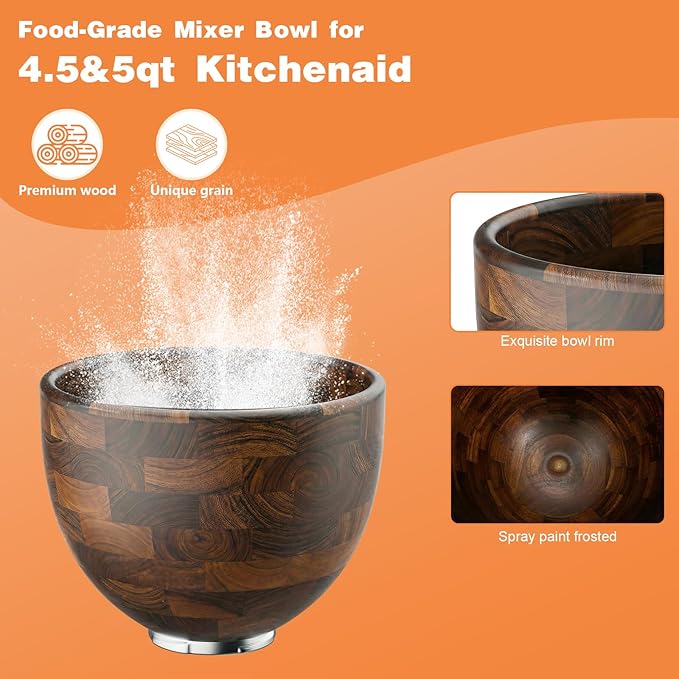 Premium Walnut Wood Mixing Bowl Compatible with KitchenAid 4.5 & 5 QT Tilt-Head Models