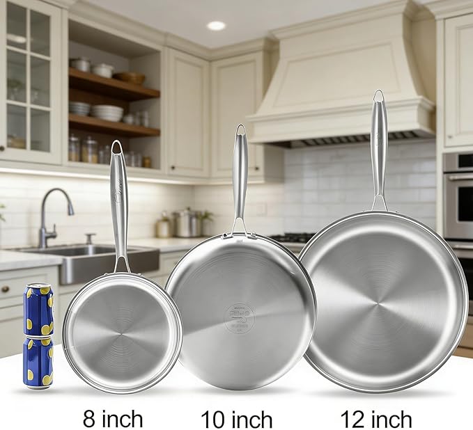 Tri-ply Stainless Steel Frying Pan 12 Inch with Lid Large Skillet for Chef's Cooking Pan Induction Oven Dishwasher Safe, Compatible with All Cooktops with Kitchen Tongs(Detachable Handle)