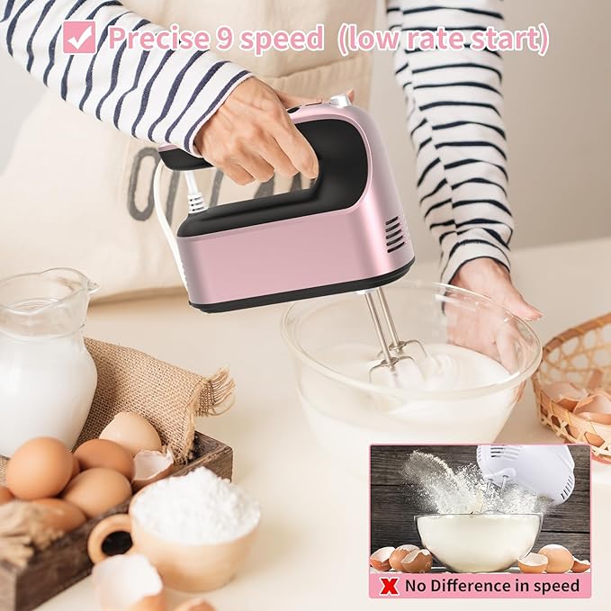 9-Speed Digital Hand Mixer Electric, 400W Powerful DC Motor, Hand Mixer Electric Handheld with Snap-On Storage Case, 5 Stainless Steel Accessories, Beaters, Dough Hooks, Whisk(Rose Gold)